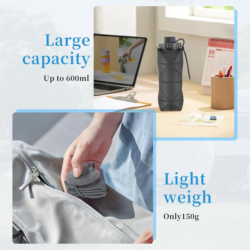 Foldable Water Bottle 600ML – Portable Leakproof Silicone Travel Bottle